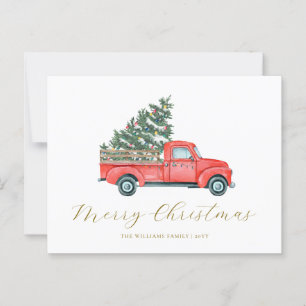 Postal Árbol de navidad acuarela y camioneta roja Feliz N