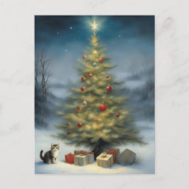 Postal Árbol de Navidad al aire libre con gatitos y regal