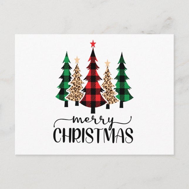 Postal Árbol de Navidad Alegre Rojo Verde Cuadro Búfalo M (Anverso)