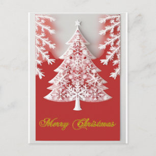 Postal Árbol de Navidad Blanco Adornos Rojos Estrella Neg
