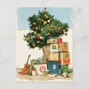 Postal Árbol de Navidad bohemio y cajas para mudanza