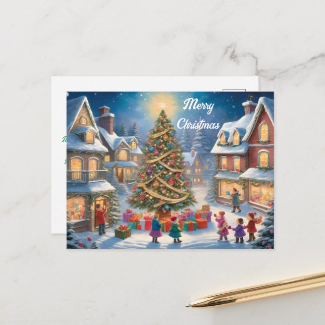 Postal Árbol de Navidad con regalos y niños festivos (Anverso/Reverso In Situ)