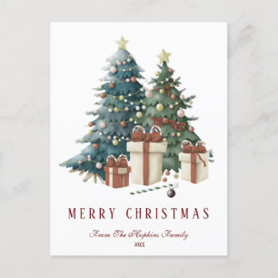 Postal Árbol de Navidad de acuarela verde y marrón