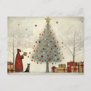 Postal Árbol de Navidad de aldea y gato
