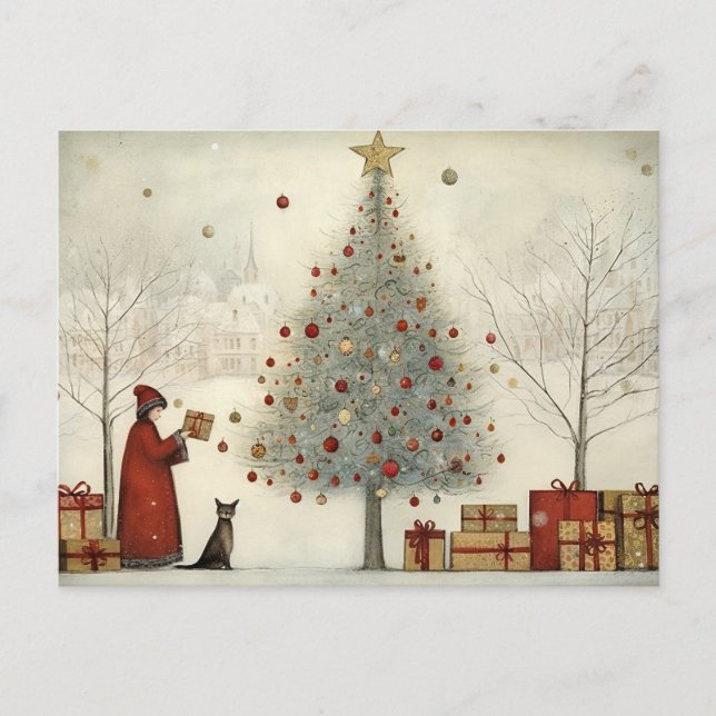 Postal Árbol de Navidad de aldea y gato (Anverso)
