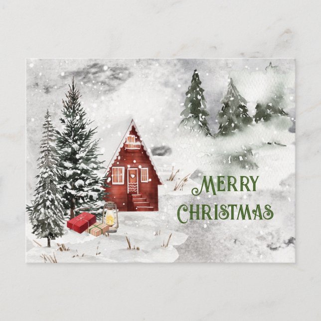 Postal Árbol de Navidad de cabaña rústica de montaña neva (Anverso)