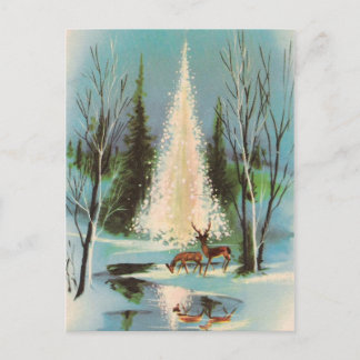 Postal Árbol de Navidad de época con ciervo