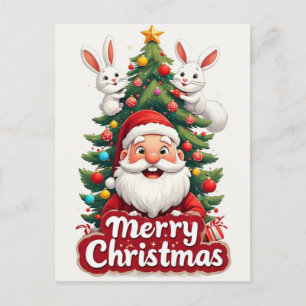Postal Árbol de Navidad de Santa con Dos Conejos