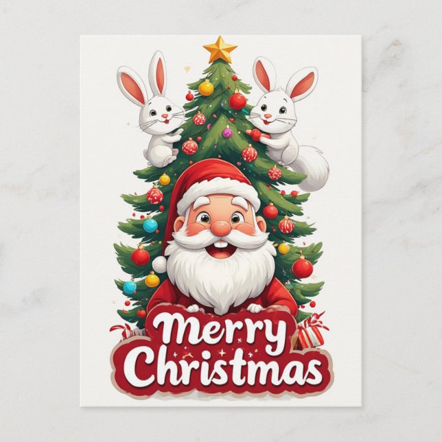 Postal Árbol de Navidad de Santa con Dos Conejos (Anverso)