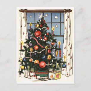 Postal Árbol de Navidad decorado junto a la ventana, vint