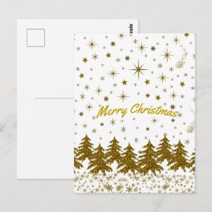 Postal Árbol de Navidad dorado brillante, estrellas, niev