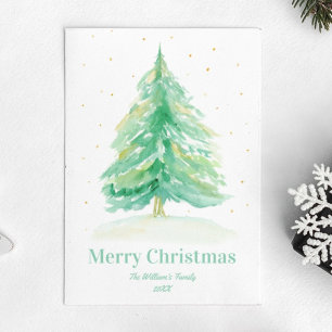 Postal Árbol de Navidad en Acuarela con Nieve Dorada