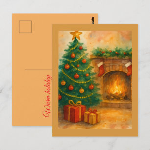 Postal Árbol de Navidad en acuarela y chimenea acogedora