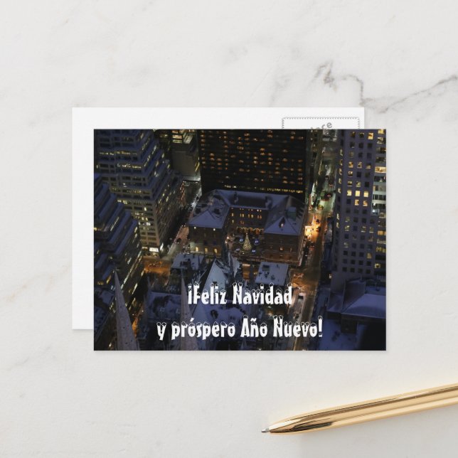 Postal Árbol de Navidad español en Manhattan de noche (Anverso/Reverso In Situ)