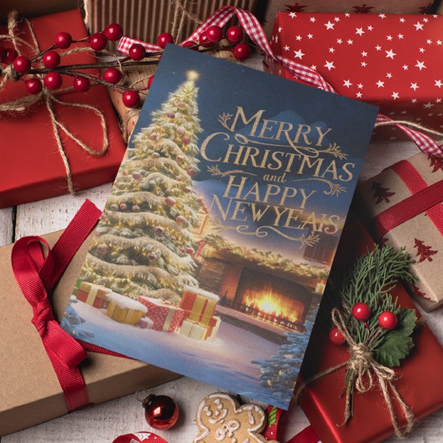 Postal Árbol de Navidad festivo con regalo por chimenea (Subido por el creador)