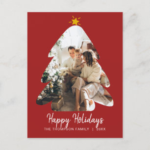 Postal Árbol de Navidad Foto Roja Script Felices Fiestas