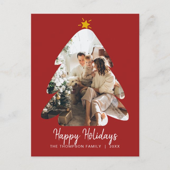 Postal Árbol de Navidad Foto Roja Script Felices Fiestas (Anverso)