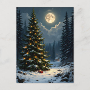Postal Árbol de Navidad Mágico de Noche de Invierno Arte 