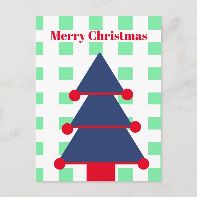 Postal Árbol de Navidad Moderno Gingham Verde Saludo Azul (Anverso)