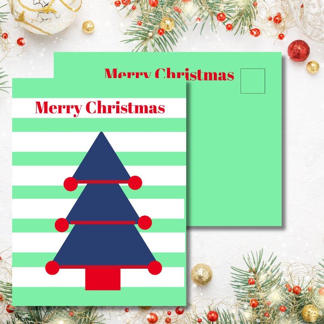 Postal Árbol de Navidad Moderno Stripe Saludo Azul (Subido por el creador)