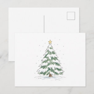 Postal Árbol de Navidad nevado con estrella dorada acuare