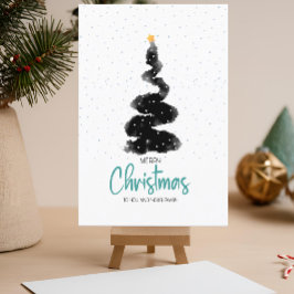 Postal Árbol de Navidad Noche de Acuarela, Estrellas y Ni