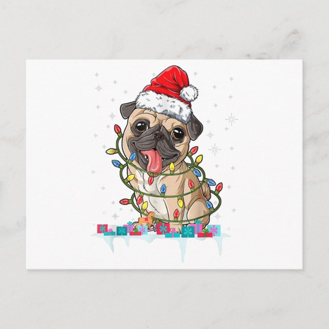 Postal Árbol de Navidad Pug enciende a Papá Noel (Anverso)
