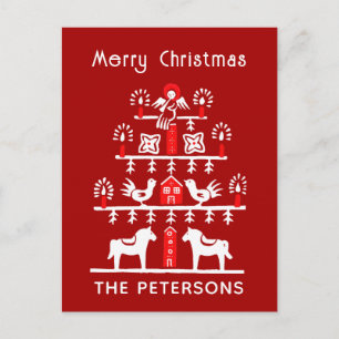 Postal Árbol de Navidad Rojo Blanco Festivo Escandinavo E