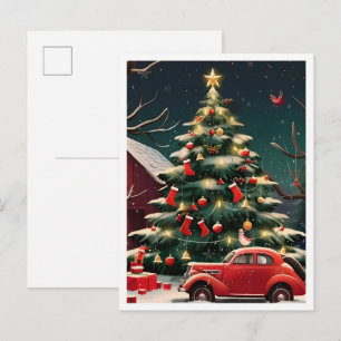 Postal Árbol de Navidad y Coche Antiguo