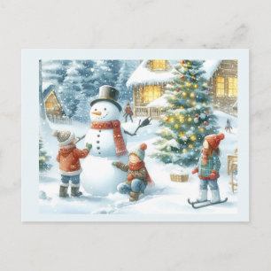Postal Árbol de Navidad y Fiesta del Muñeco de Nieve