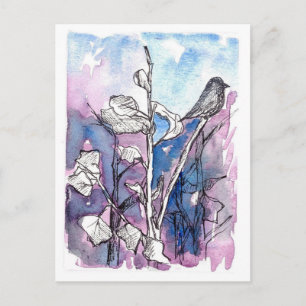 Postal Árbol de pájaro negro deja acuarela de dibujo de i