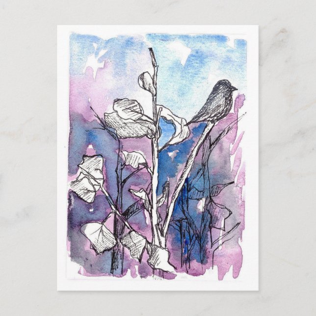 Postal Árbol de pájaro negro deja acuarela de dibujo de i (Anverso)
