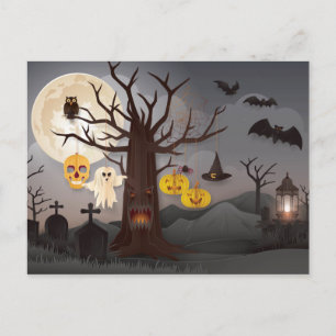 Postal Árbol de papel de Halloween, fantasmas, murciélago