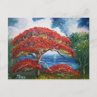 Postal Árbol de Poinciana Real Rojo y velero