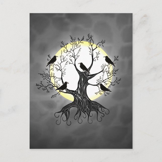 Postal Árbol de raven con luna (Anverso)