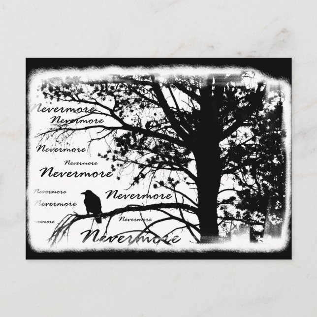 Postal Árbol de silueta negro y blanco nevermore Raven (Anverso)