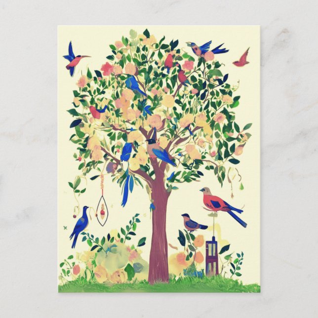 Postal Árbol de vida con aves y flores (Anverso)