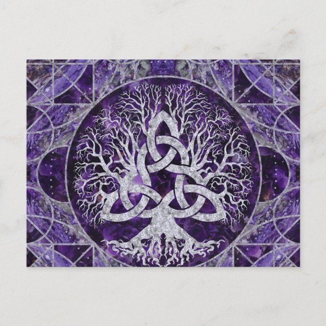 Postal Árbol de vida con Triquetra Ametista y plata (Anverso)