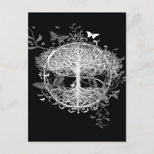 Postal Árbol de vida en blanco con mariposas
