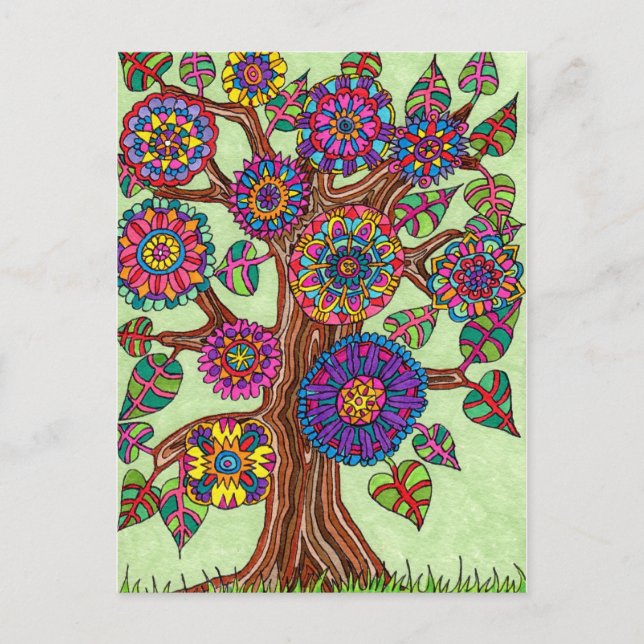 Postal Árbol de vida florido y brillante (Anverso)