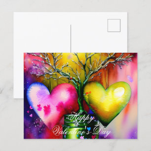 Postal Árbol en maceta y San Valentín de corazones