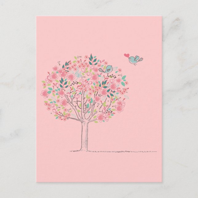Postal Árbol floreciente y pájaros enamorados (Anverso)