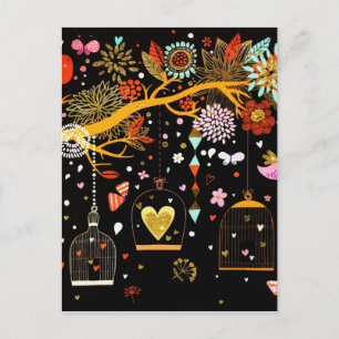 Postal Árbol Florido de Primavera Pájaro Dorado Enamorado