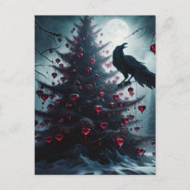 Postal Árbol gótico de Navidad con corazones y raven