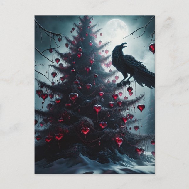 Postal Árbol gótico de Navidad con corazones y raven (Anverso)