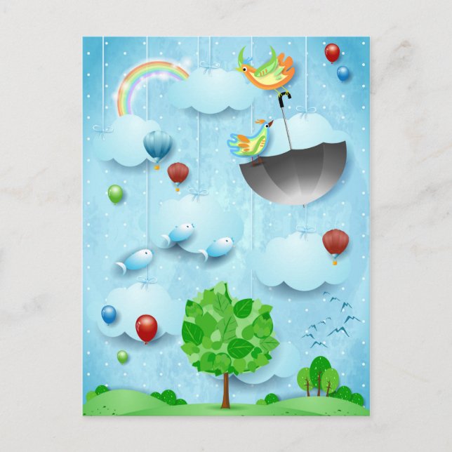 Postal Árbol grande y aves voladoras (Anverso)