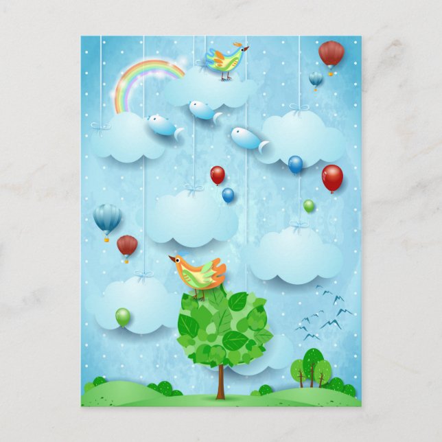 Postal Árbol grande y peces voladores (Anverso)