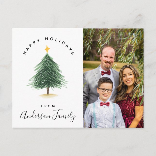 Postal Árbol navideño acuarela feliz foto de vacaciones (Anverso)