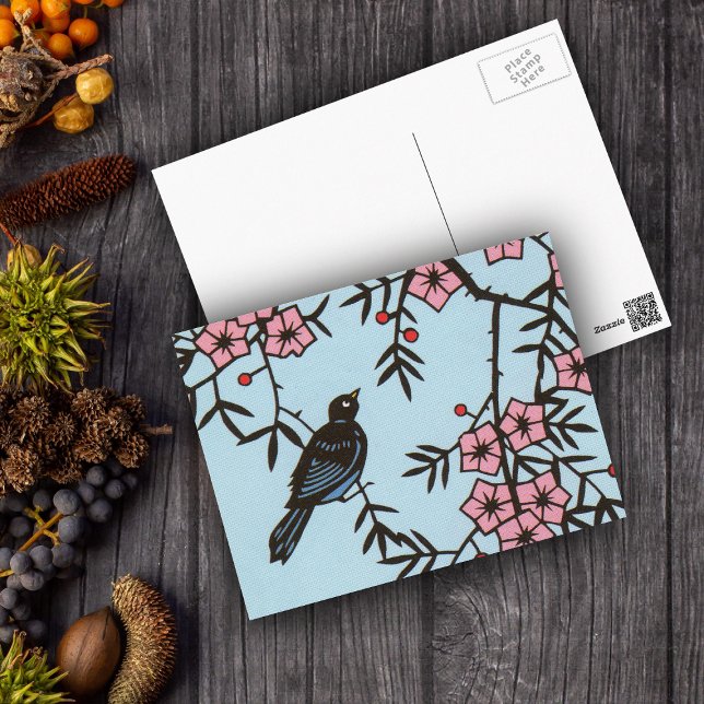 Postal Árbol negro de cerezo de cerezo (Cute black bird in tree pink cherry blossoms on light blue postcard.)