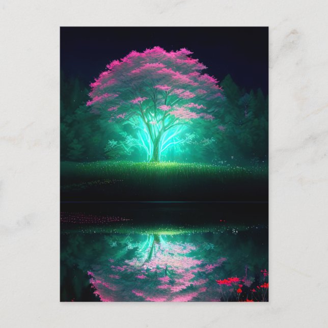 Postal Árbol radiante bañado en el resplandor del lago (Anverso)